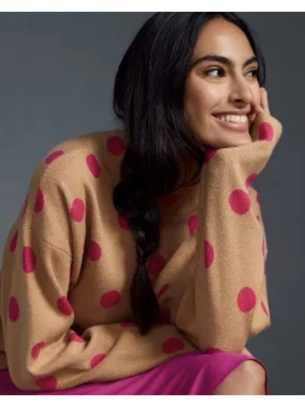 Anthropologie MAEVE Carys Sweater Mock Neck Polka Dot Size XL Brown Pink